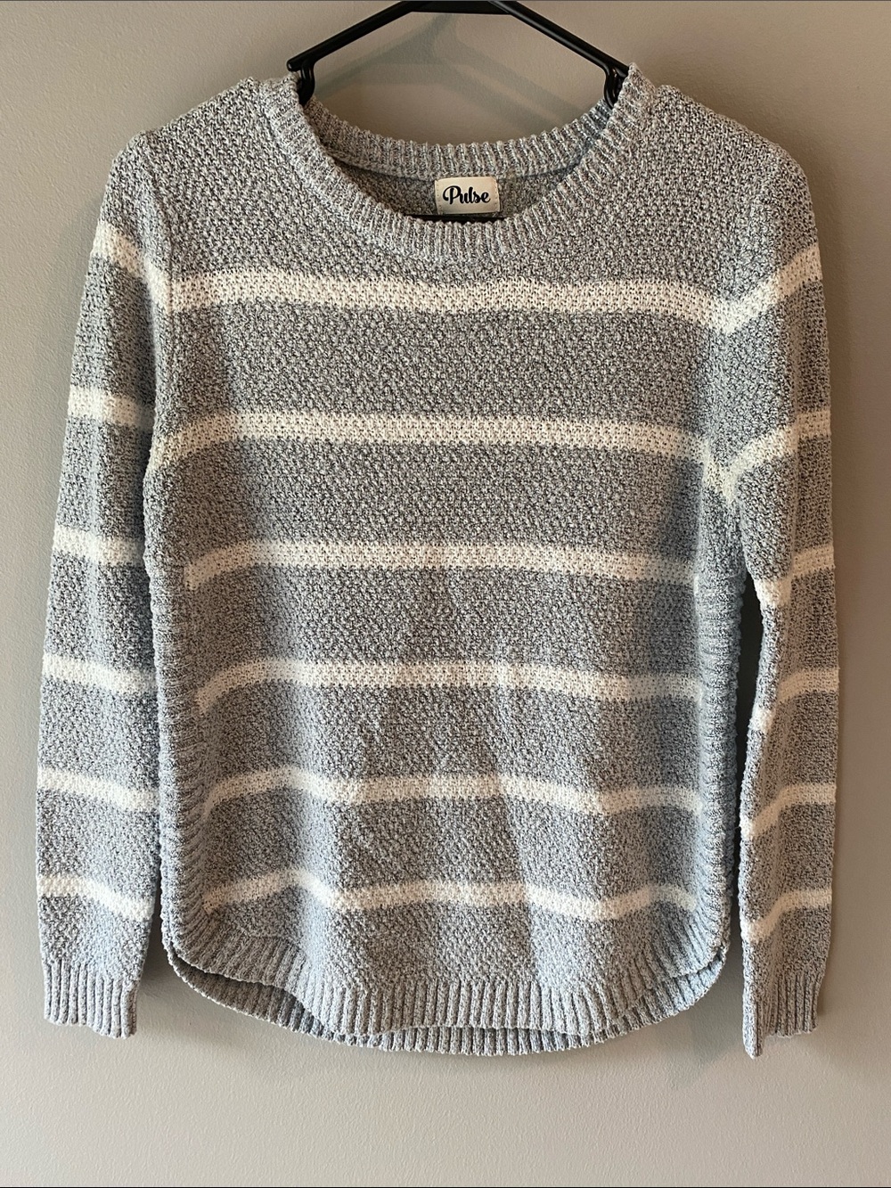 Pulse Heather Gray and White Striped Crewneck Sweater